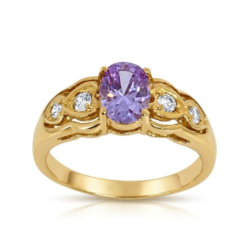 Vintage 1980s Ring Size 5 Lavender CZ Prong Set Gold Plated Band - 14J